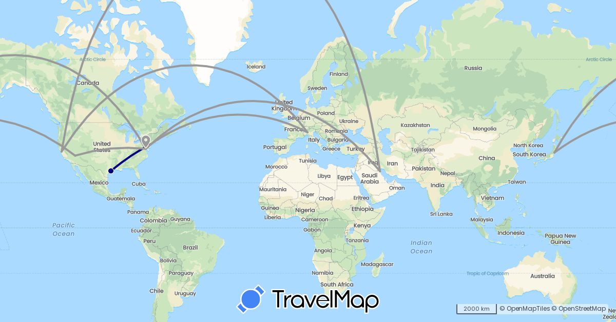 TravelMap itinerary: driving, plane in Italy, Japan, Kuwait, United States (Asia, Europe, North America)
